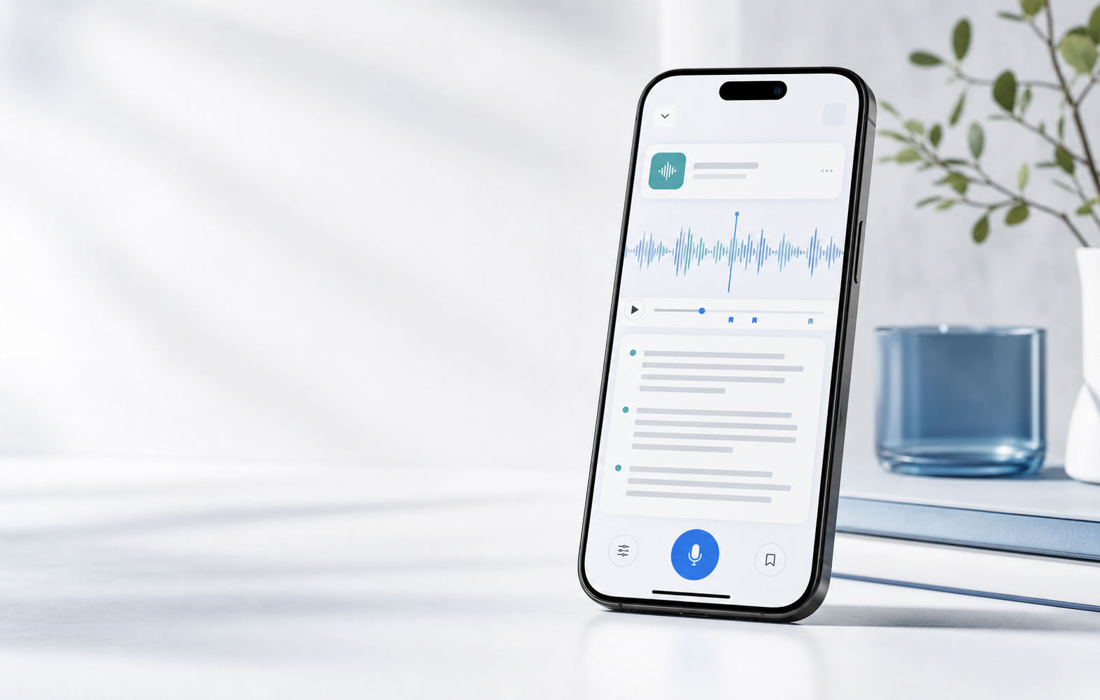 Product mockup of a transcription app interface on an iPhone